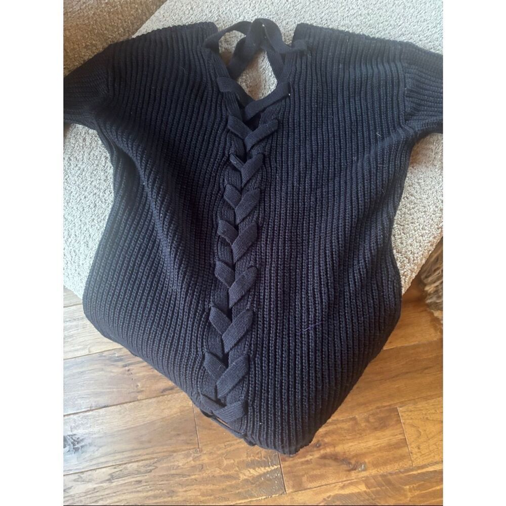 Black V‑Neck Ribbed Sweater with Back Strap Detail